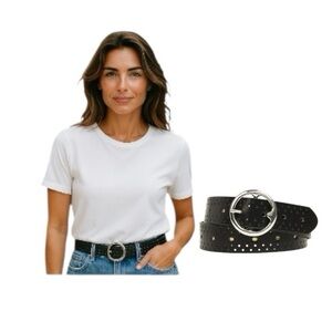 Time and Tru Black Leather Belt with Silver Tone  Buckle